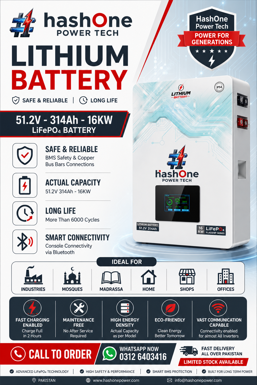 HashOne 16KW LiFePO4 Lithium Solar Battery Heavy Duty 51.2V 314Ah Gujranwala Pakistan